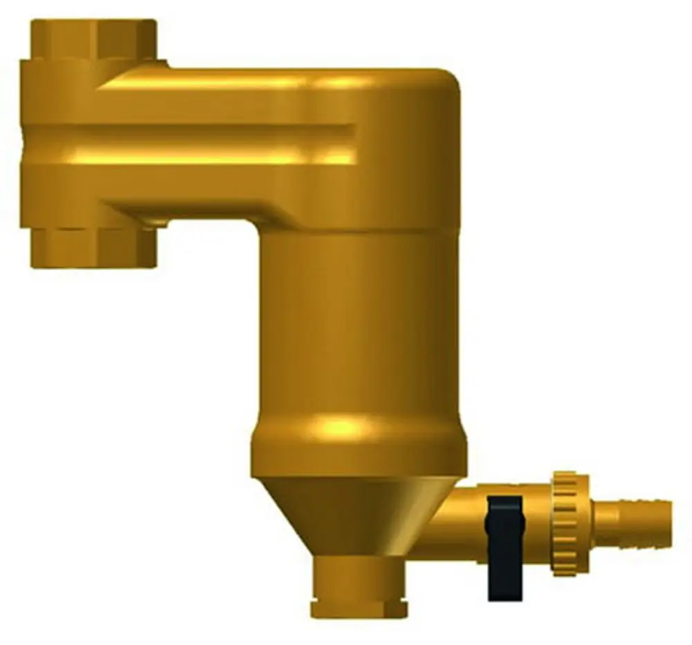 Separator von IMI Hydronic Engineering mit einem vertikalen Design und einer seitlichen Abflussöffnung. Geeignet für die Trennung von Flüssigkeiten in pneumatischen Anwendungen.